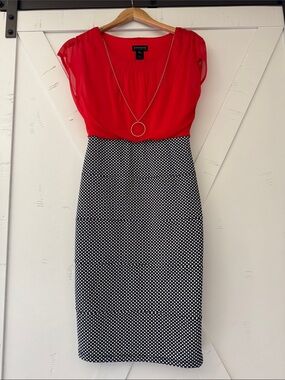 Red Blouse with attached Navy Blue & White Polka Dot Pencil Skirt